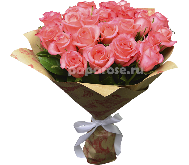 25 розовых роз в крафт-бумаге