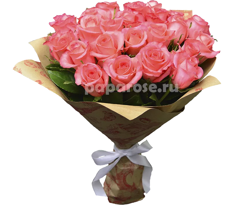25 розовых роз в крафт бумаге