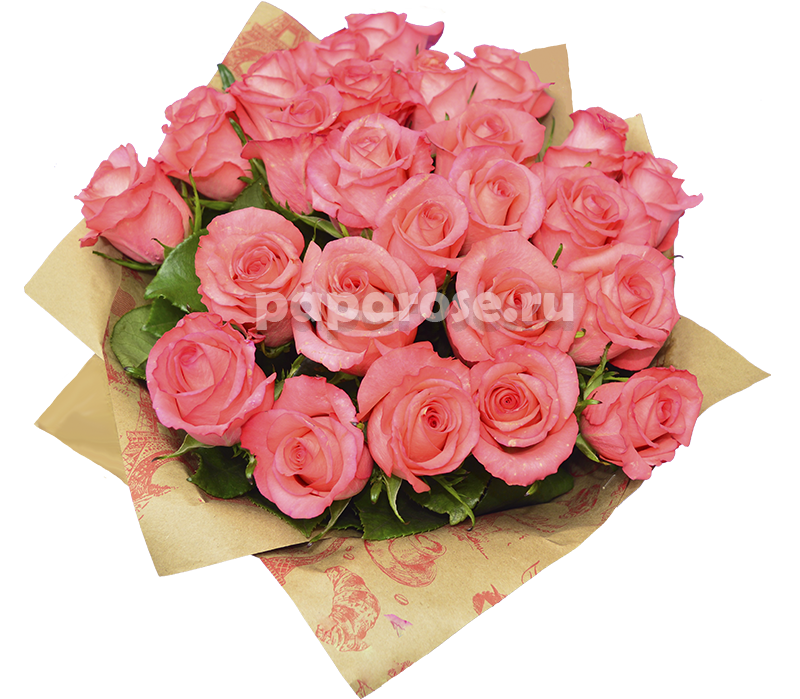 25 розовых роз в крафт-бумаге